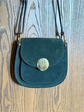 Dark Green Suede Crossbody Bag with Gold Disc Accent